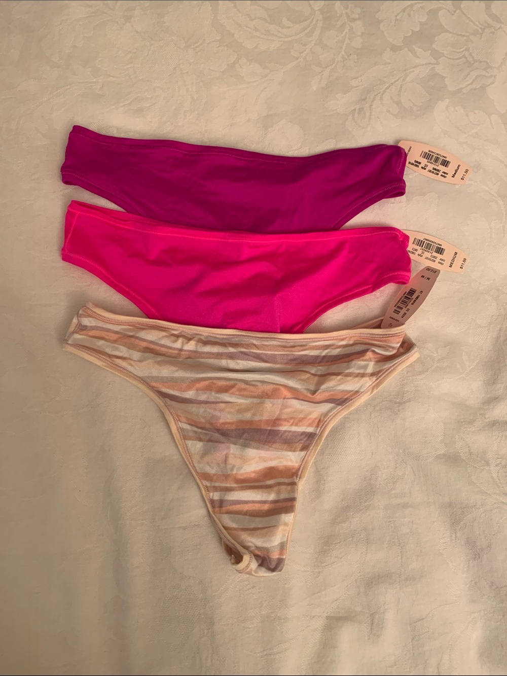 Victoria’s Secret 3-Pack Thong Bottoms — Magenta, Hot Pink & Striped Pastel